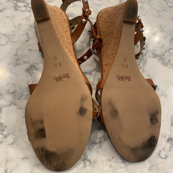 Coach Camel Strappy Floral Appliqué and Silver Stud Cork Wedges 8.5 EUC - Picture 7 of 8